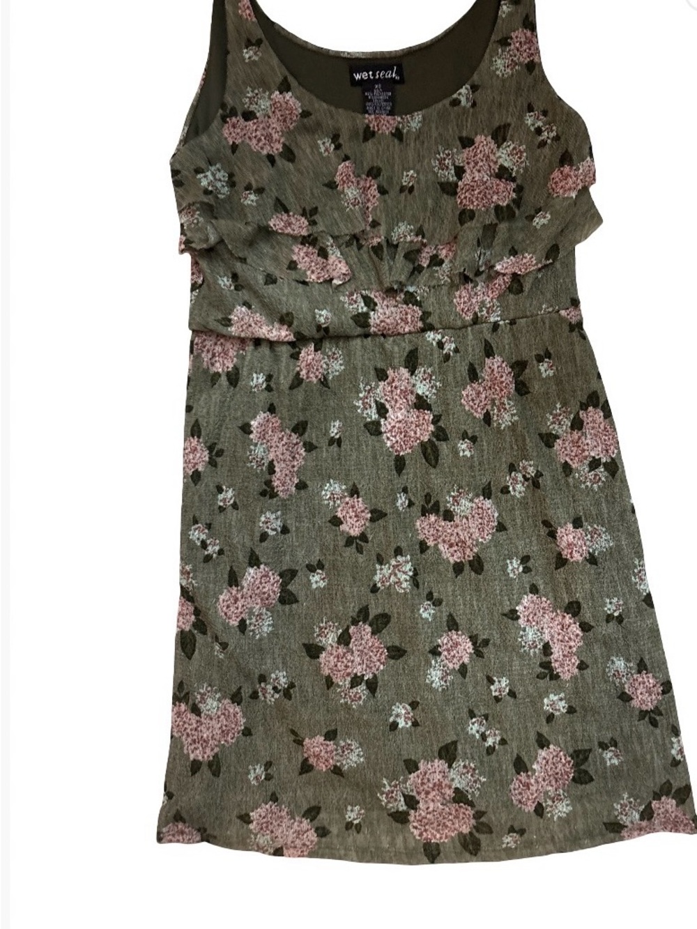 Wet Seal Olive Green Sleeveless Dress with Pink Floral Print